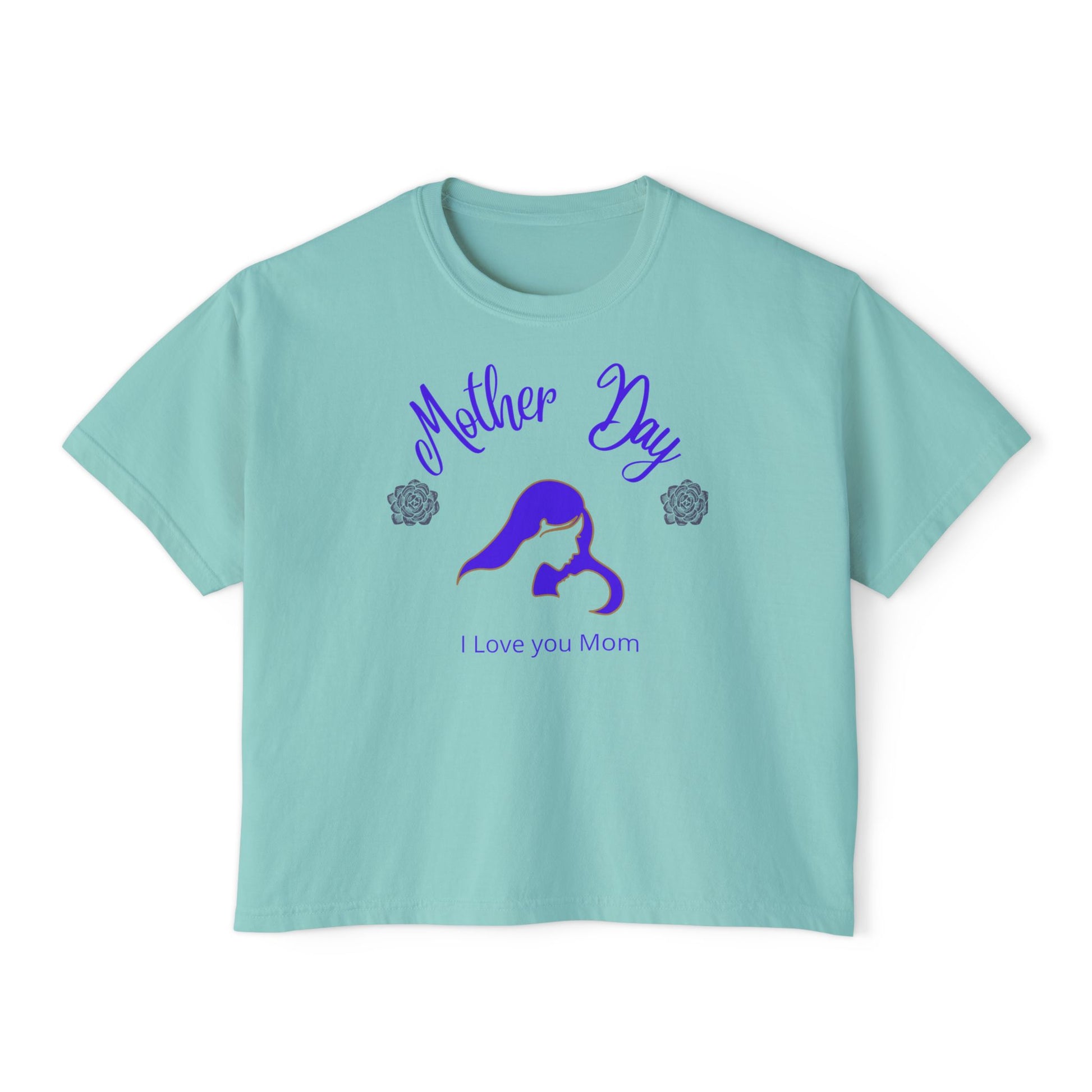 Chalky Mint crop tee with Mother Day I Love You Mom design silhouette gift for mom soft aesthetic casual shir