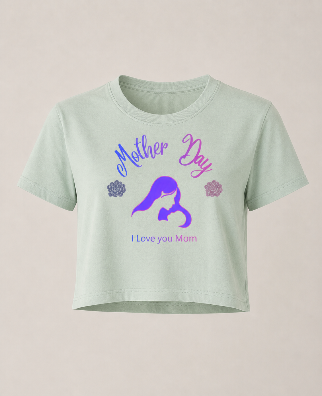 Chalky Mint crop tee with Mother Day I Love You Mom design silhouette gift for mom soft aesthetic casual shir