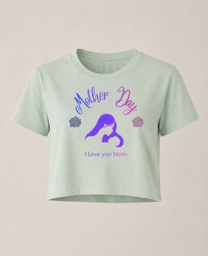 Chalky Mint crop tee with Mother Day I Love You Mom design silhouette gift for mom soft aesthetic casual shir