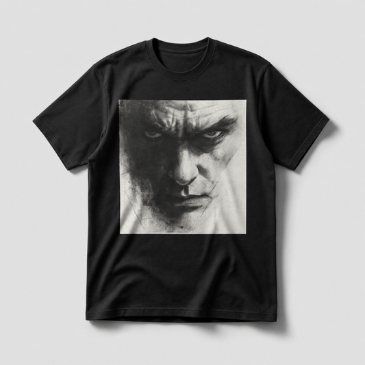 Black oversized t-shirt with dark monochrome face graphic and edgy streetwear aesthetic