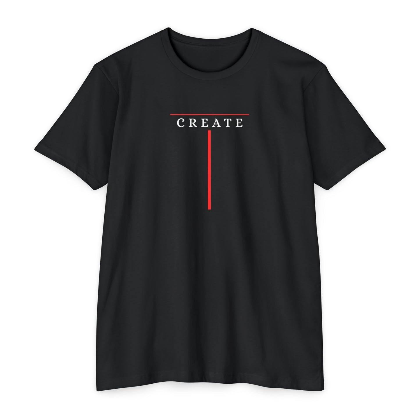 Black t-shirt with minimalist Create typography design and red accent line, gift for artists