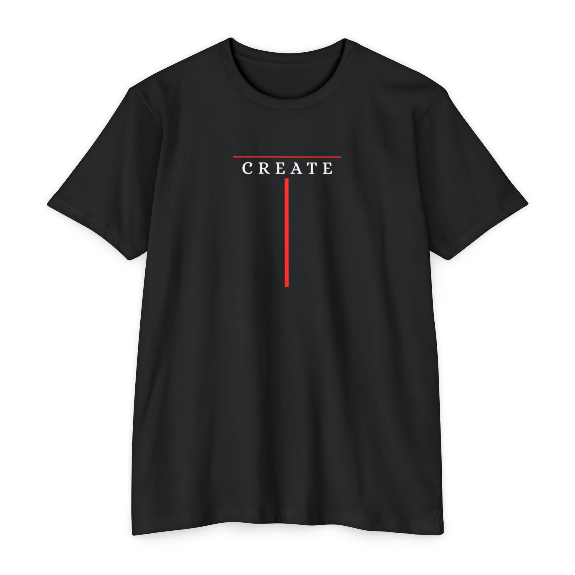 Black t-shirt with minimalist Create typography design and red accent line, gift for artists