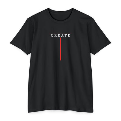 Black t-shirt with minimalist Create typography design and red accent line, gift for artists