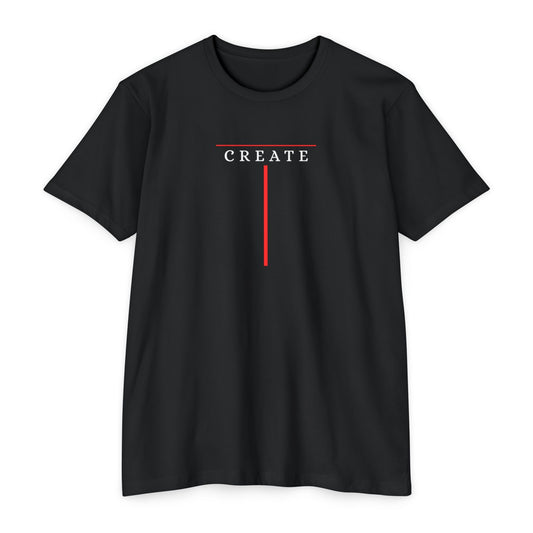 Black t-shirt with minimalist Create typography design and red accent line, gift for artists