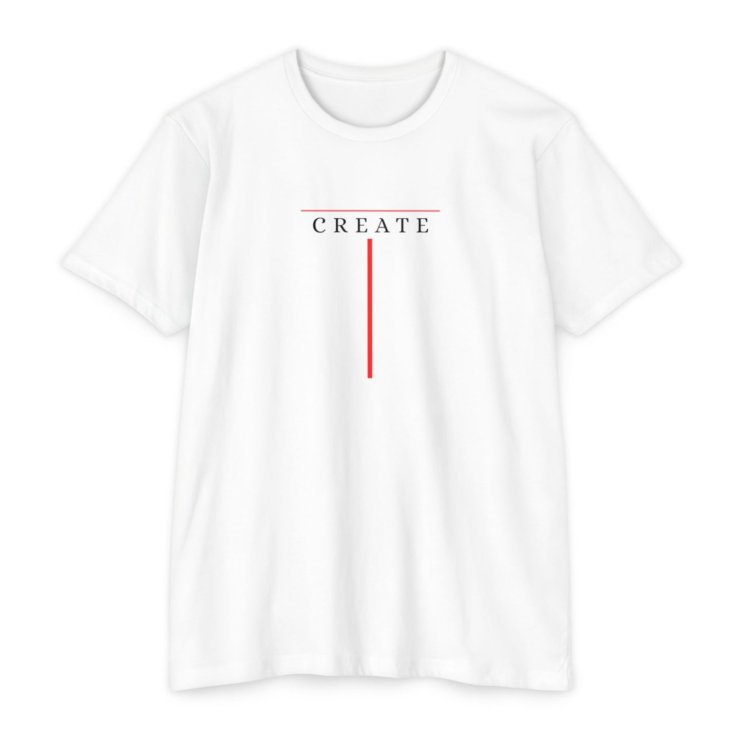 white t-shirt with minimalist Create typography design and red accent line, gift for artists