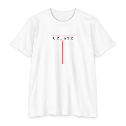 white t-shirt with minimalist Create typography design and red accent line, gift for artists