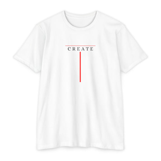 white t-shirt with minimalist Create typography design and red accent line, gift for artists