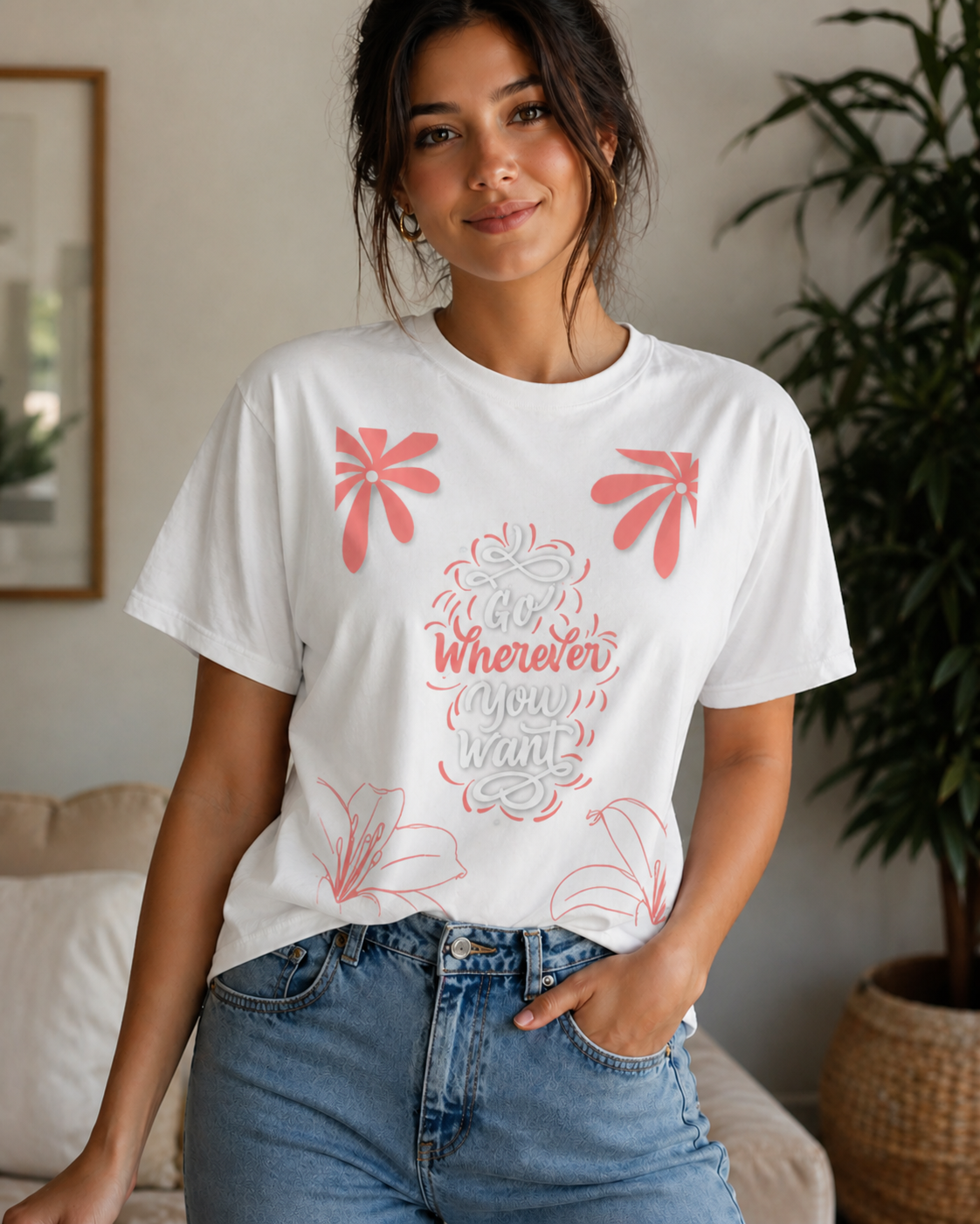 white t-shirt with Go Wherever You Want quote floral design inspirational casual outfit aesthetic gift idea