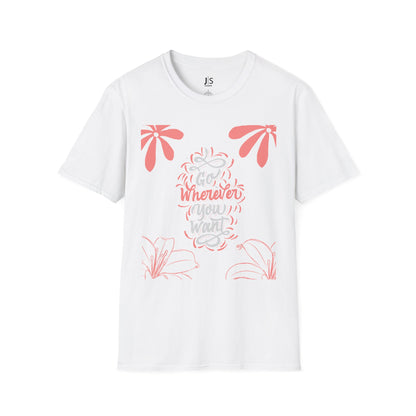 white t-shirt with Go Wherever You Want quote floral design inspirational casual outfit aesthetic gift idea
