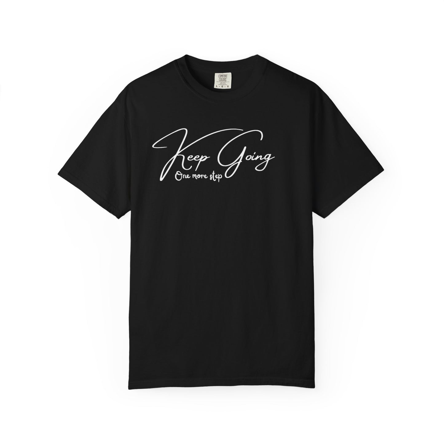 Black Comfort Colors t-shirt with Keep Going One More Step script quote, motivational gift for runners and gym lovers