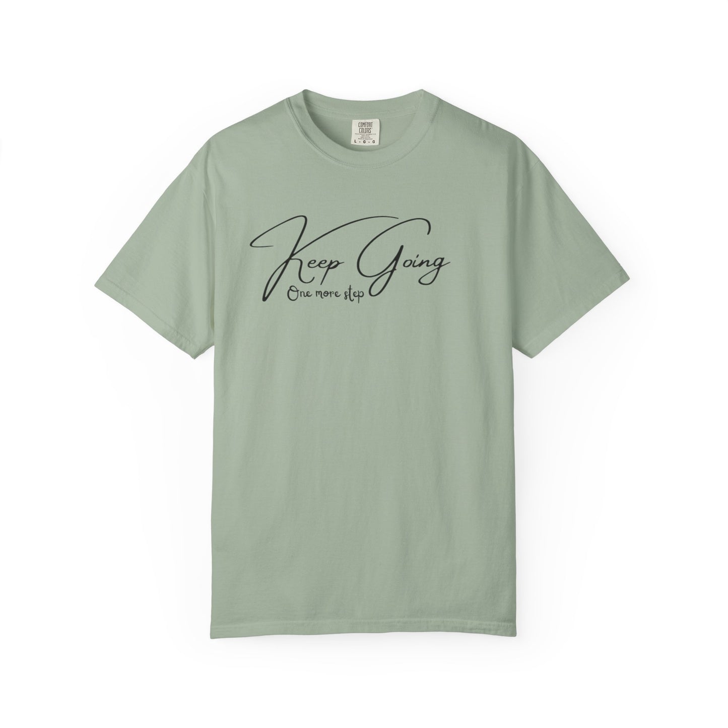 Ivory Comfort Colors t-shirt with Keep Going One More Step script quote, motivational gift for runners and gym lovers