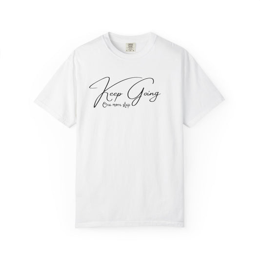 White Comfort Colors t-shirt with Keep Going One More Step script quote, motivational gift for runners and gym lovers