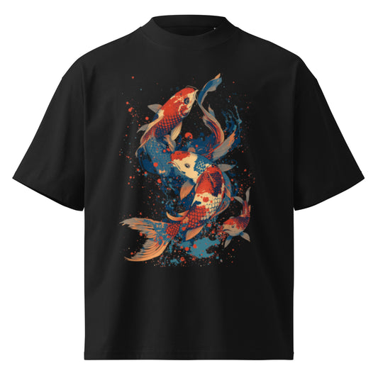 Black Koi Fish Graphic T-Shirt featuring colorful Japanese-inspired artwork for streetwear and casual fashion