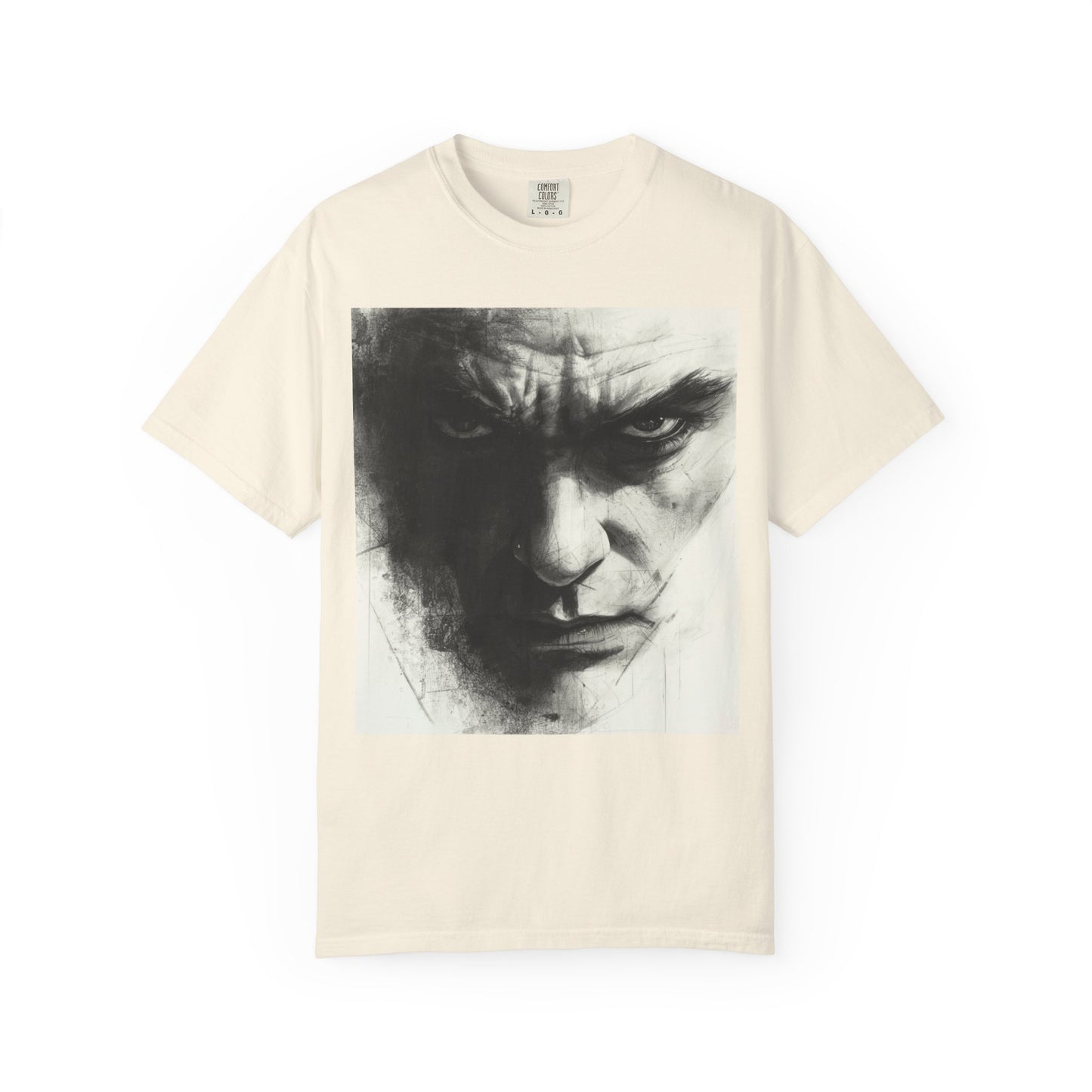 Oversized ivory streetwear shirt featuring dramatic monochrome face print