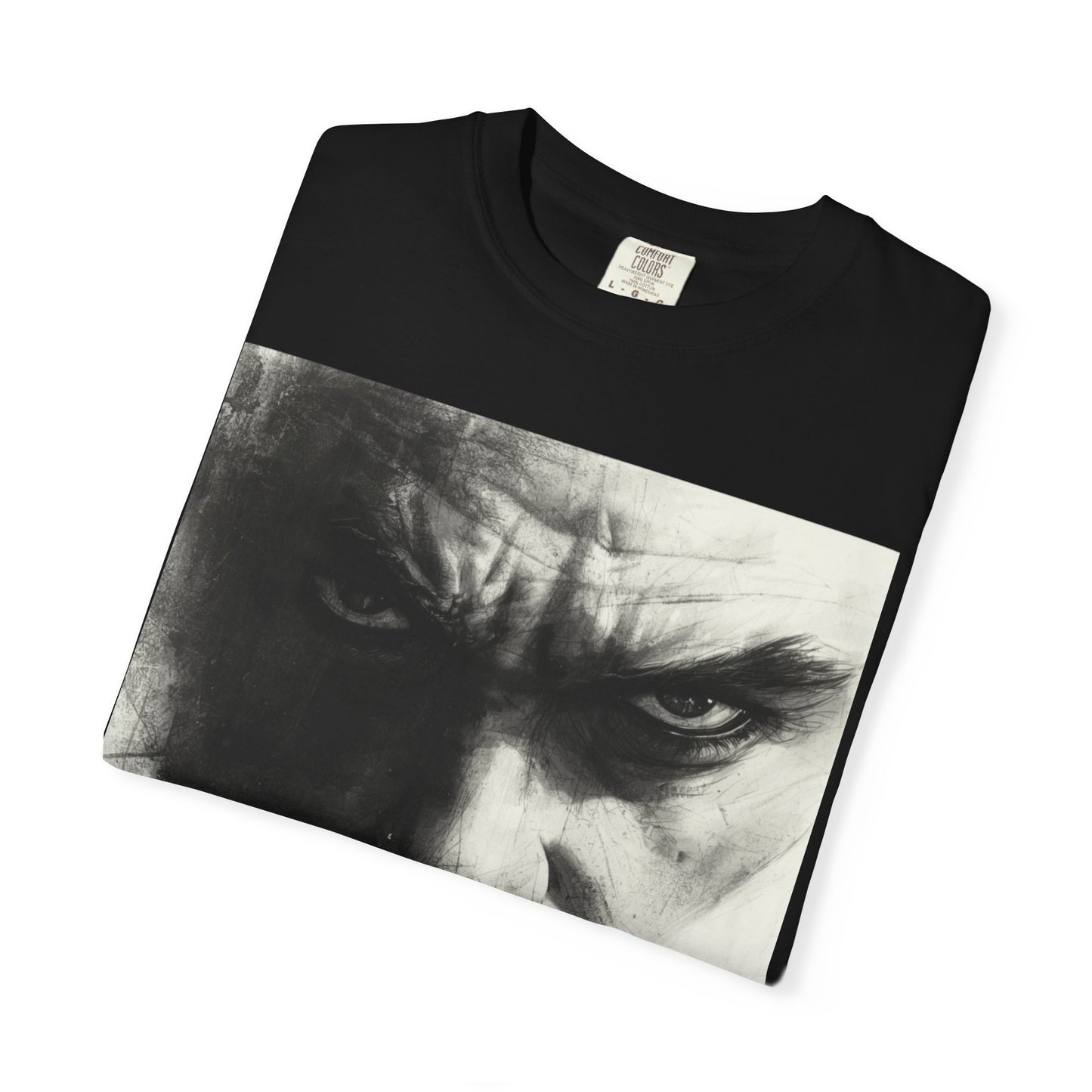 Oversized black streetwear shirt featuring dramatic monochrome face print