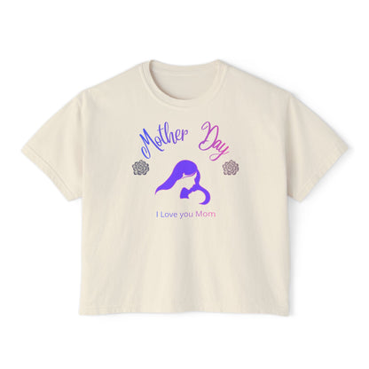 Ivory crop tee with Mother Day I Love You Mom design silhouette gift for mom soft aesthetic casual shirt
