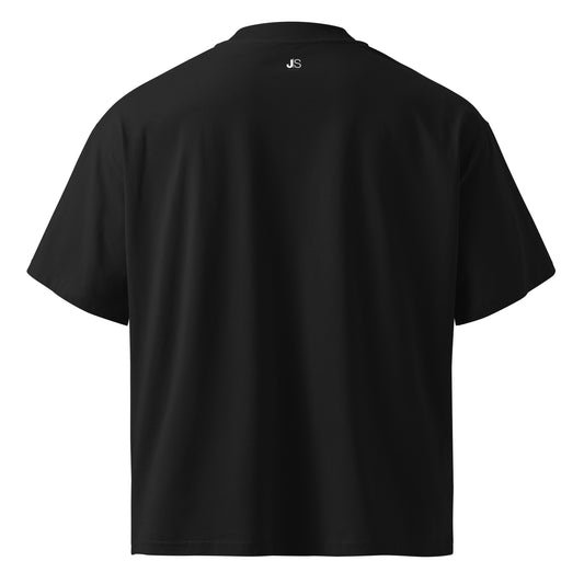 Black organic oversized high neck t-shirt with front graphic print, unisex streetwear gift