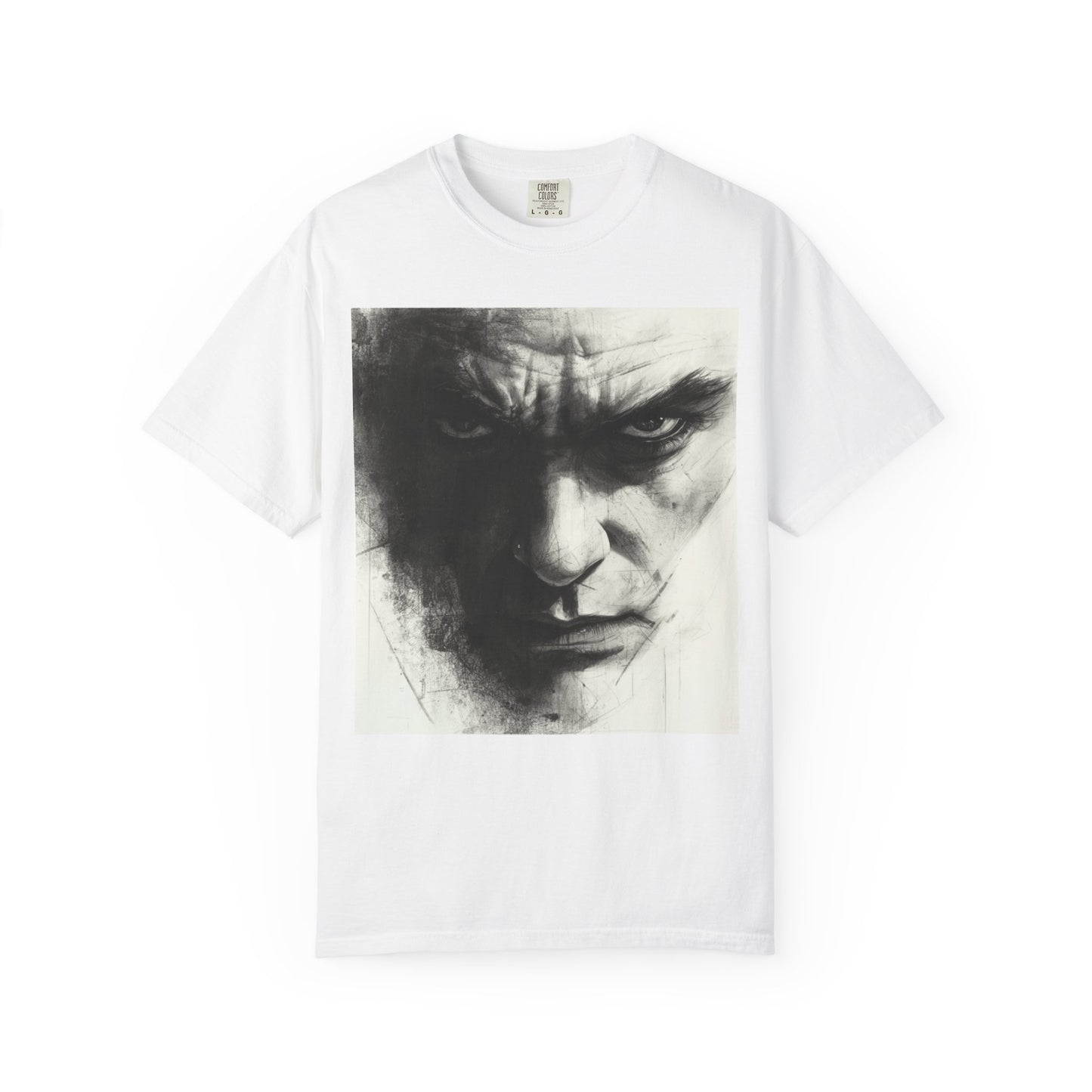 white oversized t-shirt with dark monochrome face graphic and edgy streetwear aesthetic